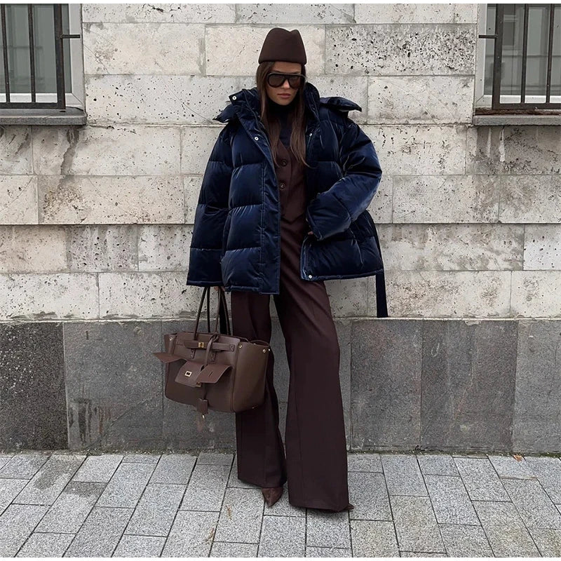 Abrigo Mujer Vintage Brillante - Abrigo Capucha Acolchado Cuello Alto 2025