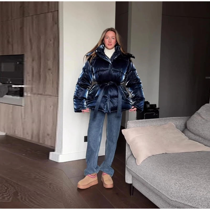 Abrigo Mujer Vintage Brillante - Abrigo Capucha Acolchado Cuello Alto 2025