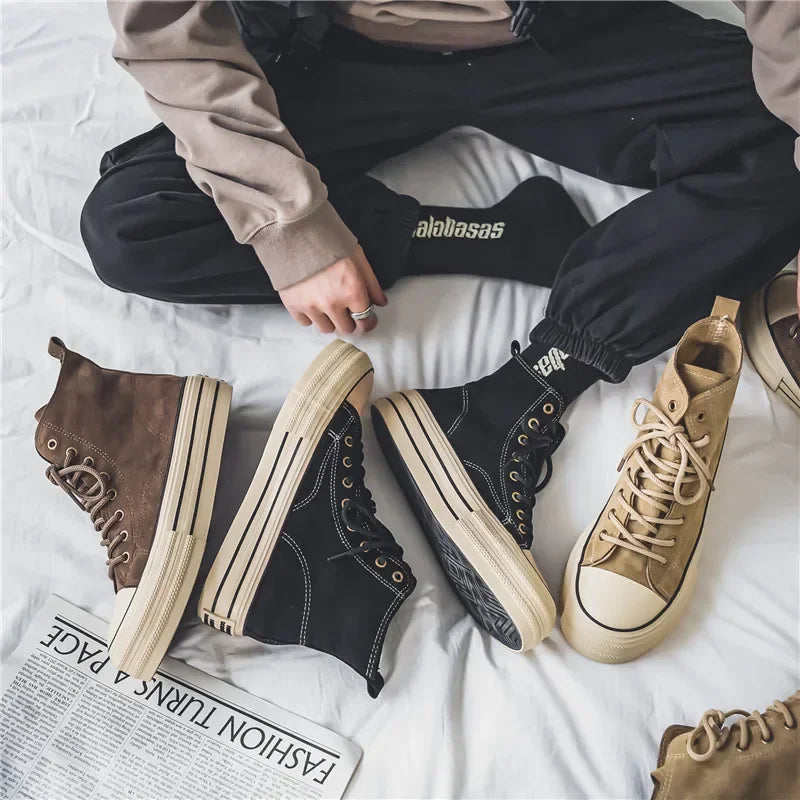 Sneakers Hombre Ante High-Top - Casual Vintage Marrón Botines Tobillo Suela Gruesa Tendencia Cordones