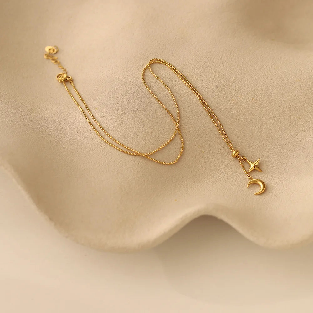 Collar Luna Estrellas Mujer - Acero Inoxidable Dorado Flecos Romántico