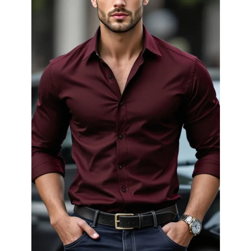 Camisa Formal Hombre Tejido Elástico | Manga Larga Elegante Oficina