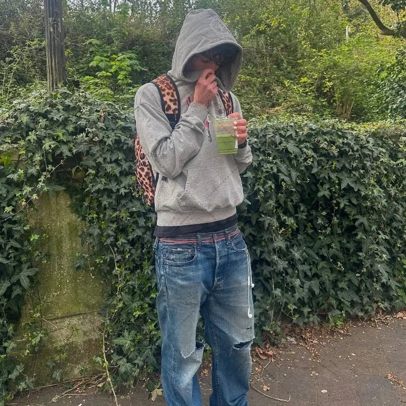 Sudadera Gothic Y2K Hombre Gris - Hoodie Harajuku Retro Cigarette Oversize