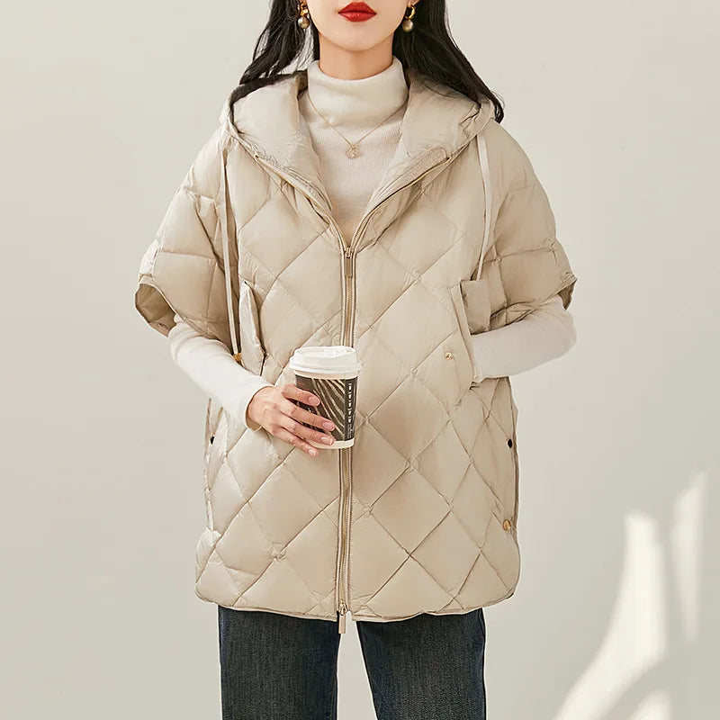 Chaleco Mujer Plumas Pato Capucha 2025 - Chaqueta Sin Mangas Irregular