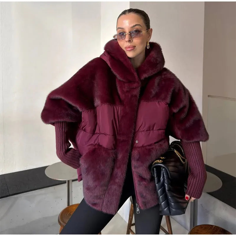 Abrigo Mujer Capucha Patchwork - Abrigo Manga Tejida Oversize 2025