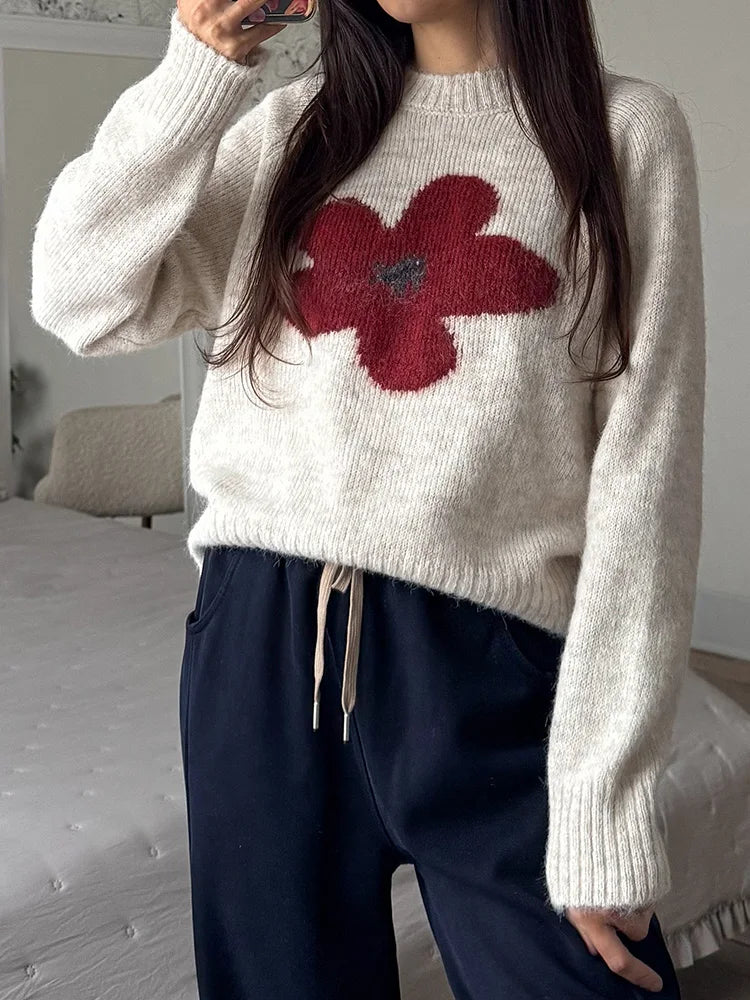 Jersey Mujer Invierno Flores Gris - Punto Holgado Cálido Vintage