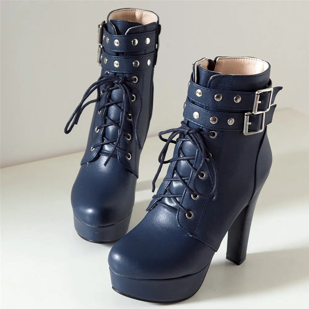 Botas Tobillo Mujer Plataforma Cordones - Tacón Alto Hebilla Talla 34-46