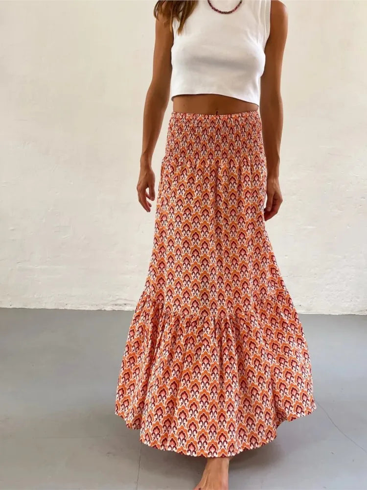 Falda Boho Mujer Casual - Falda Maxi Floral Cintura Elástica Playa Primavera
