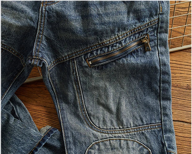 Vaqueros Moto Vintage Americanos - Jeans Cargo Parches Pesados Estilo Retro