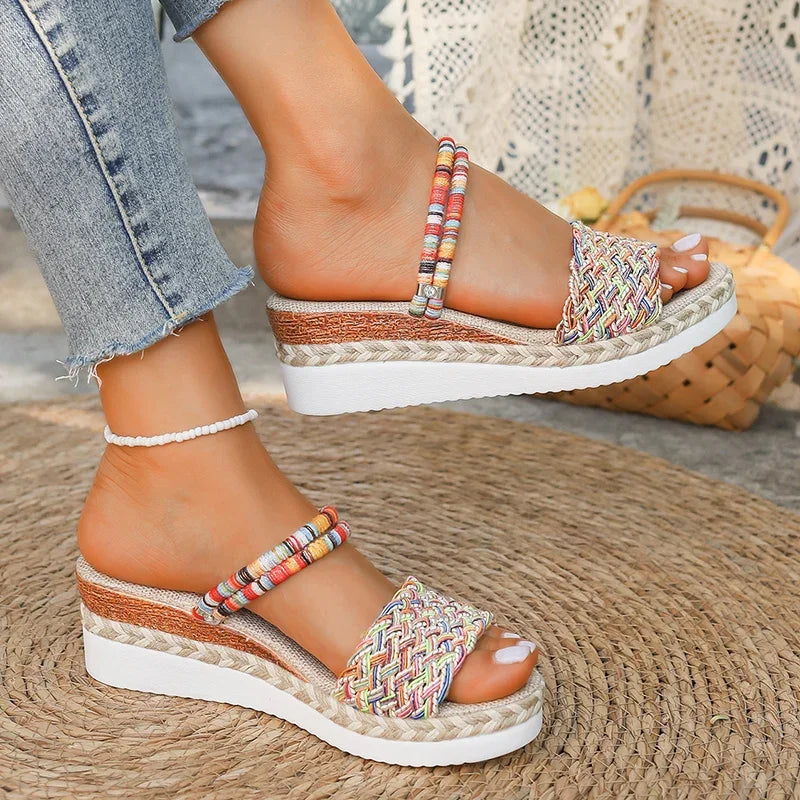 Sandalias Bohemias Mujer Cuña - Chanclas Playa Plataforma Tejidas Coloridas Talla Grande