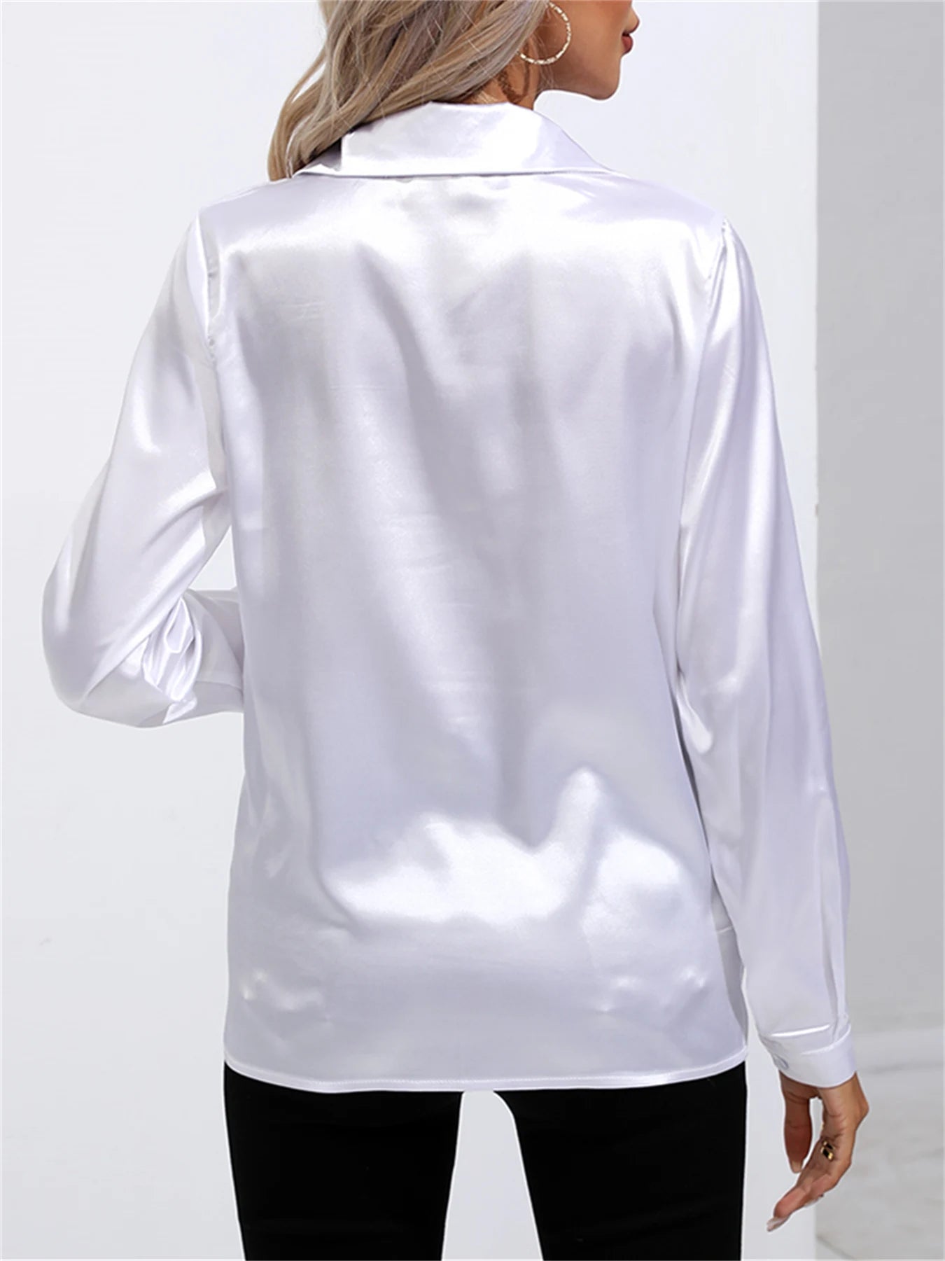 Camisa Satén Mujer Oficina - Blusa Cuello Botón Manga Larga