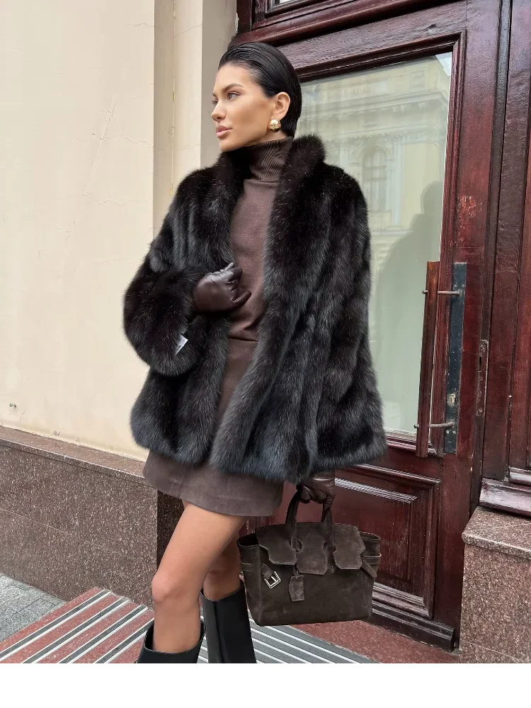 Abrigo Piel Mujer Marrón Medio - Abrigo Solapa Botón Oculto Elegante