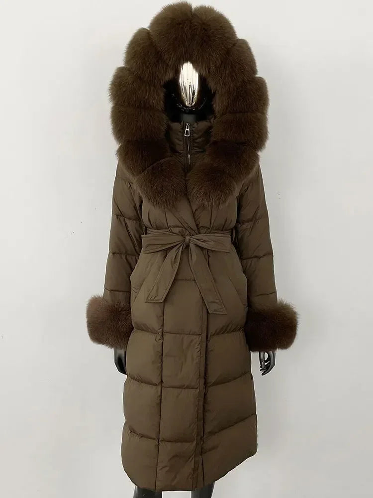 Abrigo Mujer Plumas Pato Piel Mapache - Chaqueta Larga Invierno Lujo