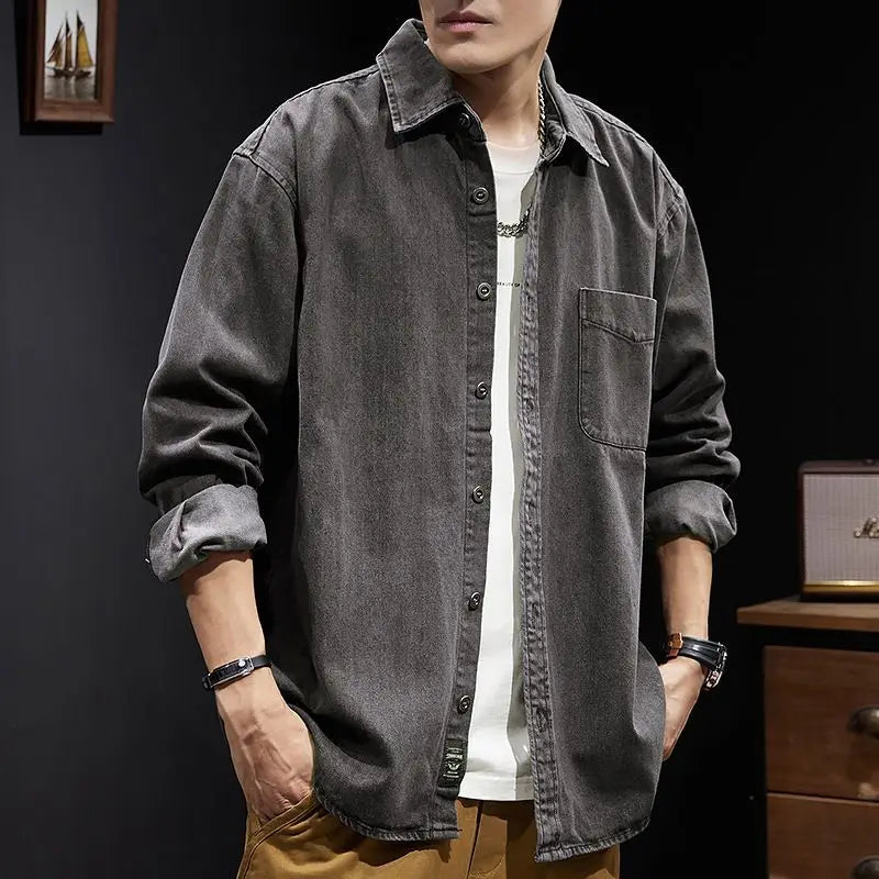 Camisa Denim Hombre Retro Trabajo - Casual Chaqueta Primavera Otoño Azul Manga Larga