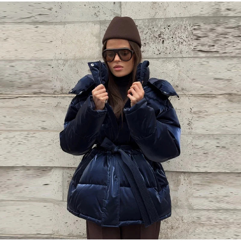 Abrigo Mujer Vintage Brillante - Abrigo Capucha Acolchado Cuello Alto 2025