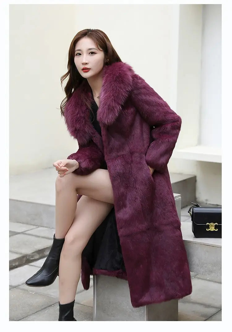 Abrigo Piel Conejo Rex Mujer - Abrigo Largo Cuello Zorro Fashion Invierno