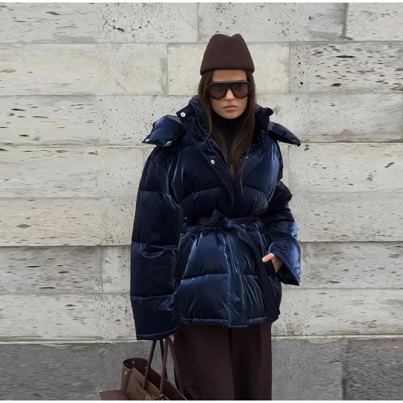 Abrigo Mujer Vintage Brillante - Abrigo Capucha Acolchado Cuello Alto 2025