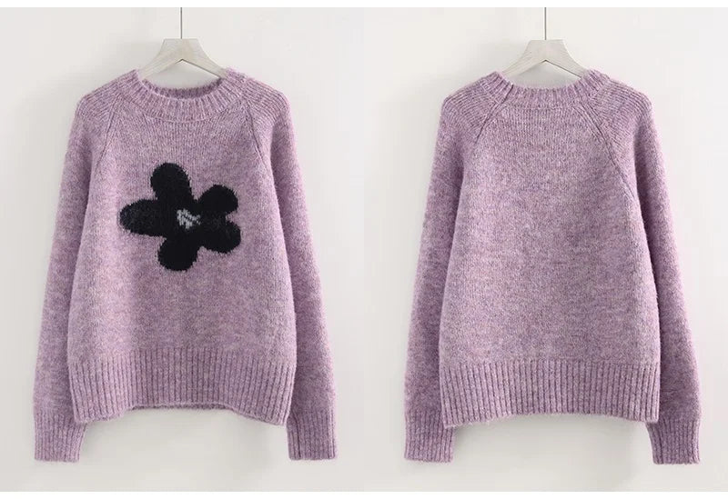 Jersey Mujer Invierno Flores Gris - Punto Holgado Cálido Vintage