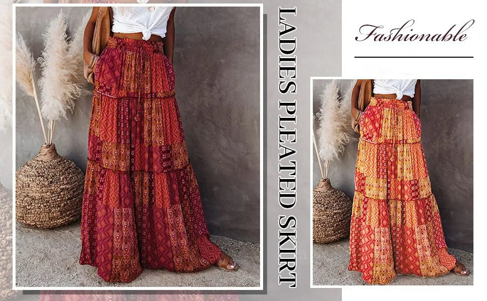 Falda Bohemia Mujer Larga Estampada - Falda Cintura Elástica Bolsillos Primavera