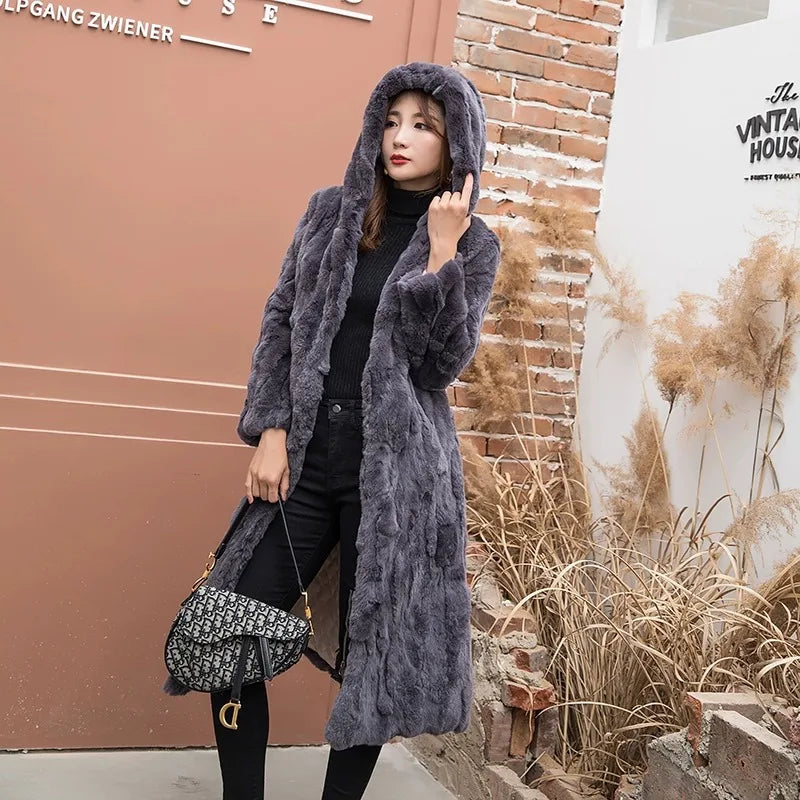 Abrigo Piel Conejo Mujer Capucha - Abrigo Real 110cm Largo Invierno