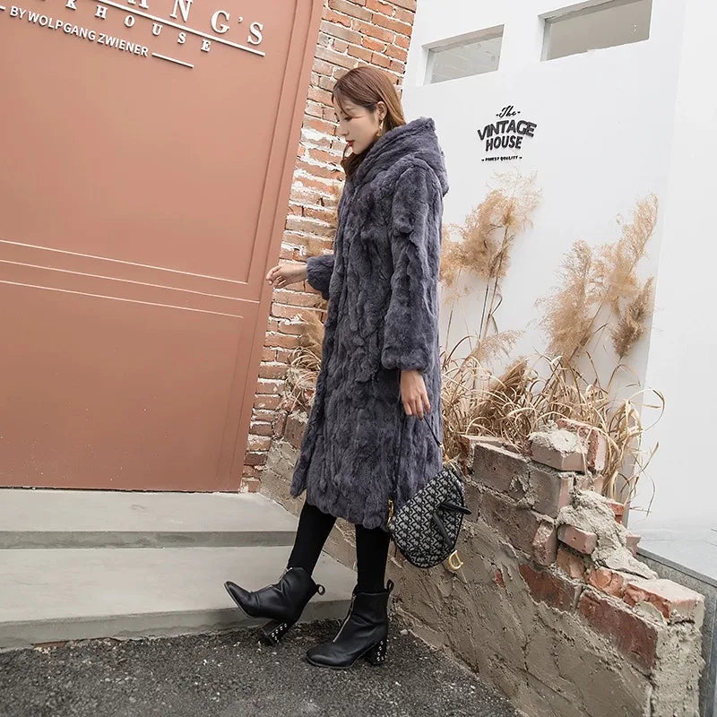 Abrigo Piel Conejo Mujer Capucha - Abrigo Real 110cm Largo Invierno