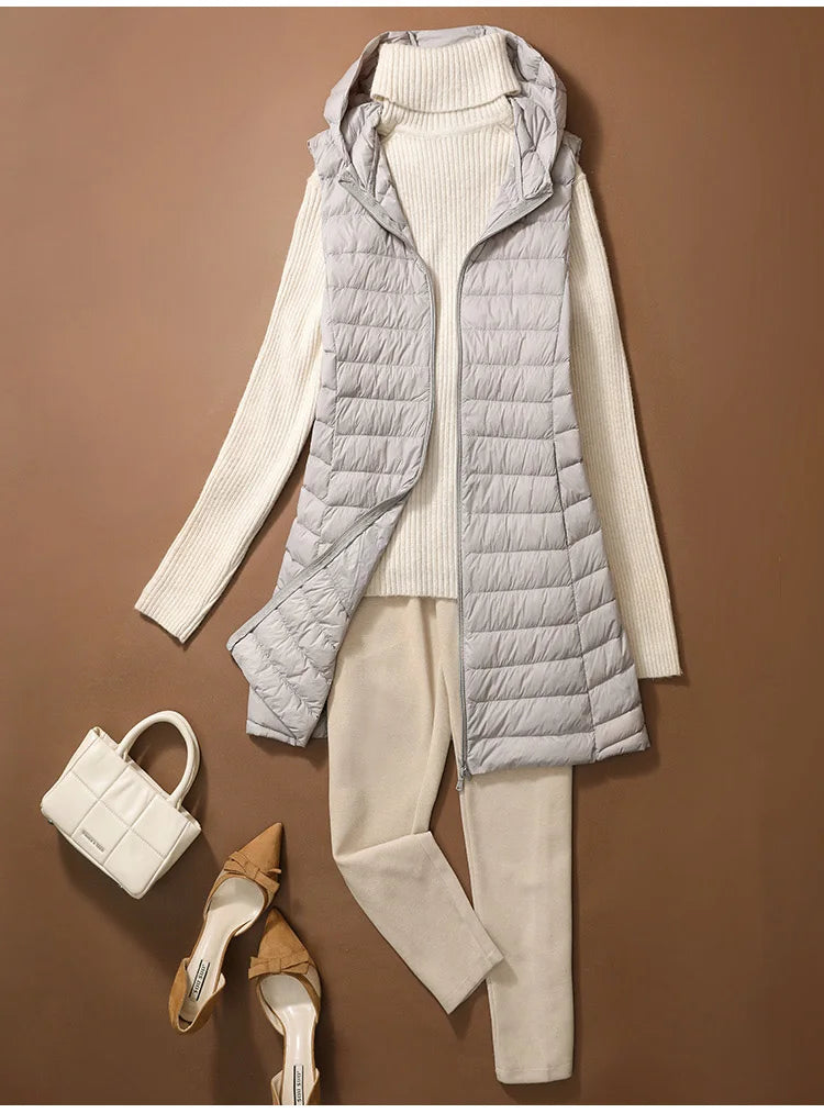 Chaleco Mujer Plumas Pato Ligero - Chaqueta Larga Capucha Slim Otoño