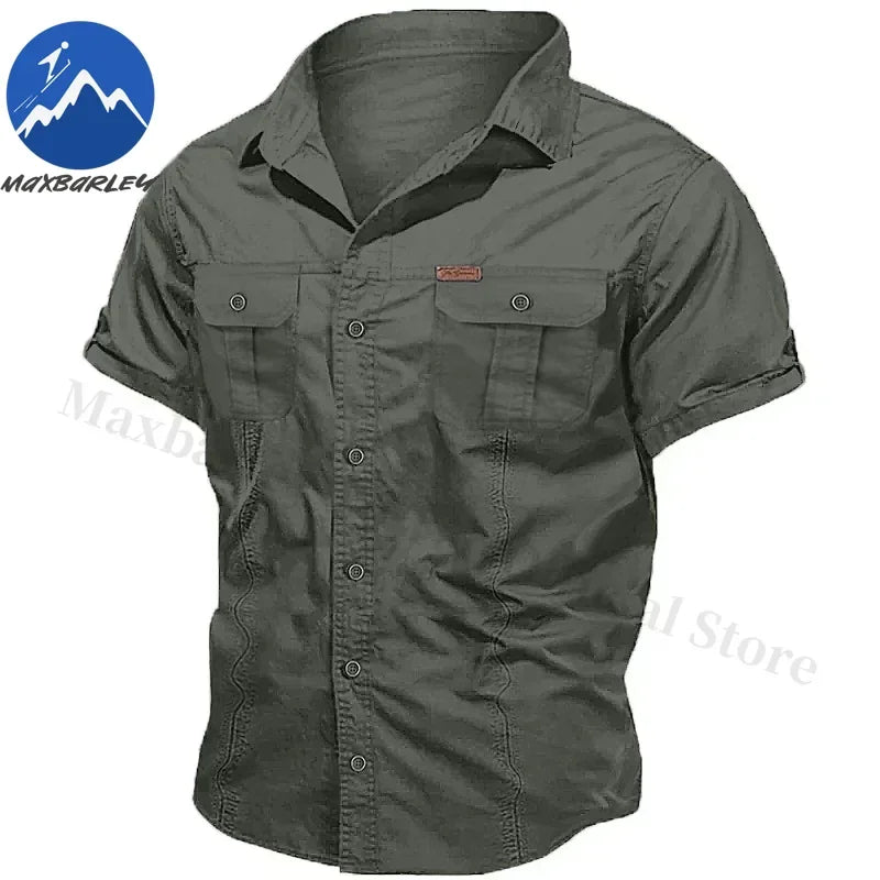 Camisa Hombre Trabajo Cargo 2025 - 100% Algodón Manga Corta Multi-Bolsillos Pesca Caza Verano