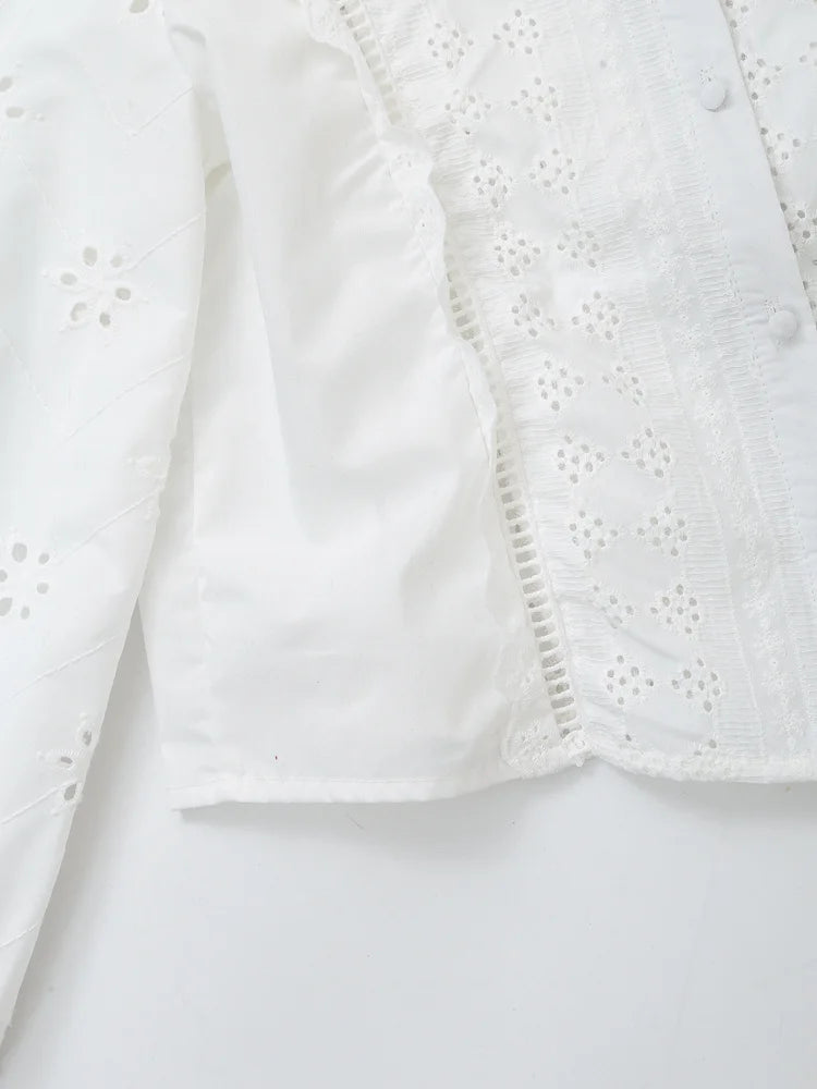 Blusa Mujer Bordado Blanca 2024 - Camisa Crop Manga Larga Streetwear