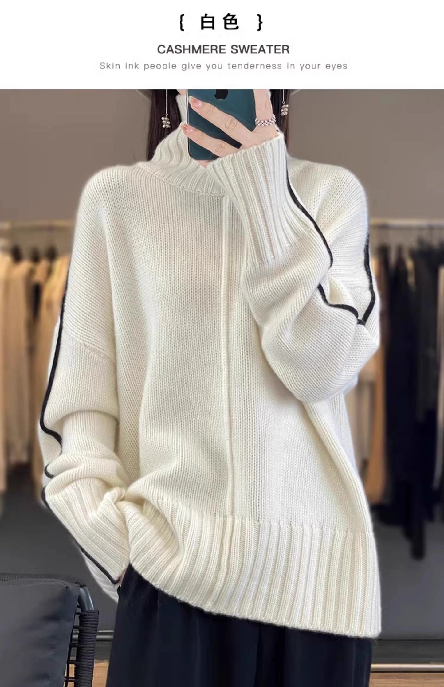 Jersey Mujer Cashmere 100% Cuello Alto - Holgado Grueso Invierno Lujo