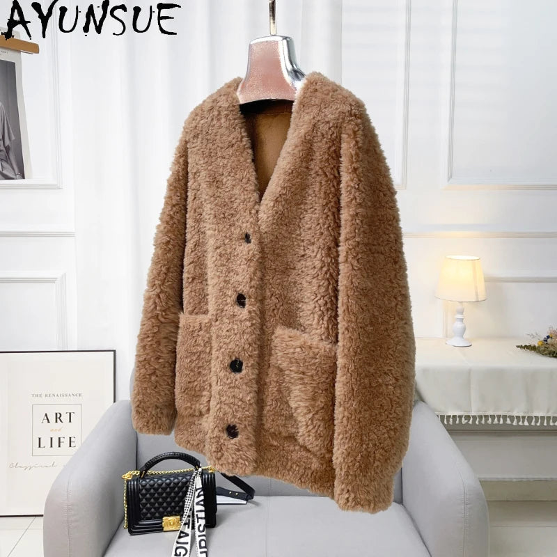 Chaqueta Lana Mujer Natural - Chaqueta Cordero Cuello V Media Largo 2025