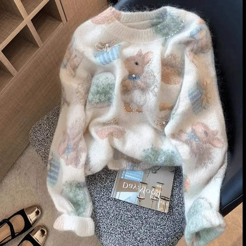 Jersey Mujer Otoño Invierno Estilo Suave - Holgado Versátil Estampado Perlas