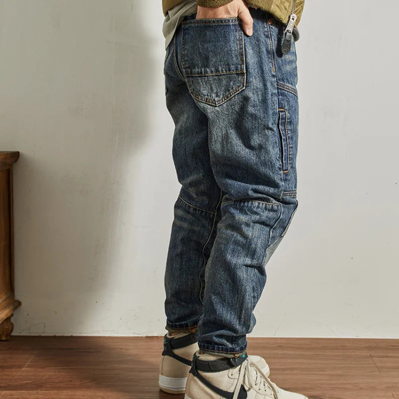 Vaqueros Moto Vintage Americanos - Jeans Cargo Parches Pesados Estilo Retro