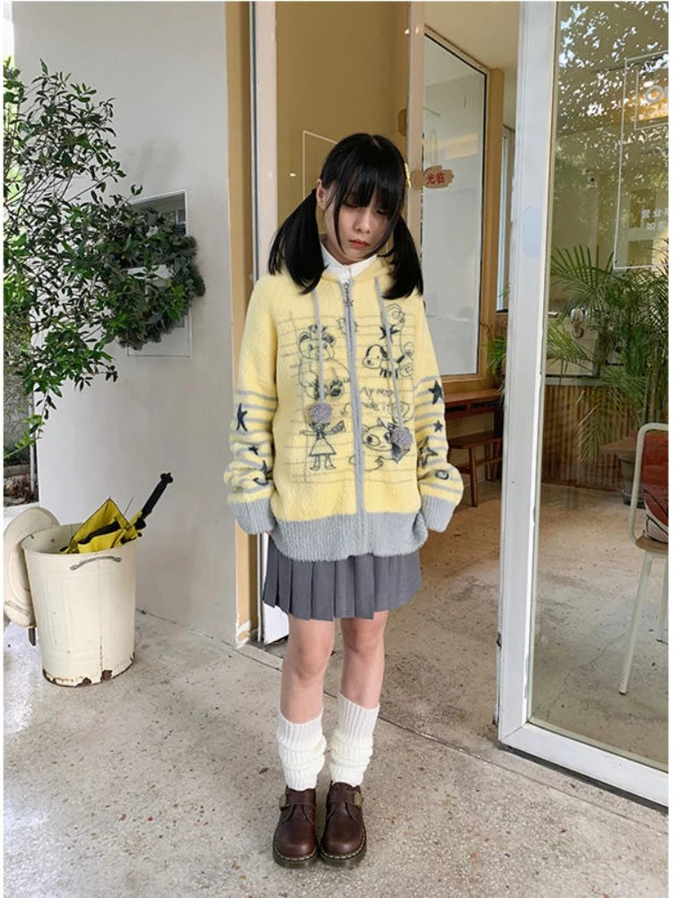 Cárdigan Mujer Vintage Graffiti Capucha - Oversized Invierno Punto Kawaii