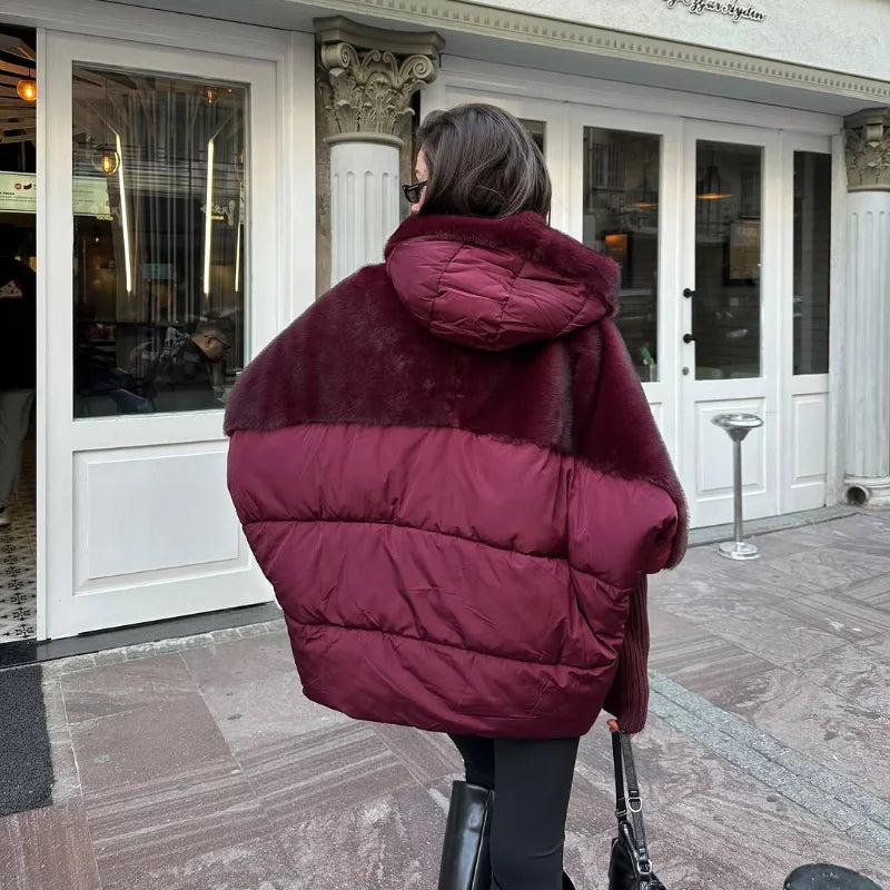 Abrigo Mujer Capucha Patchwork - Abrigo Manga Tejida Oversize 2025