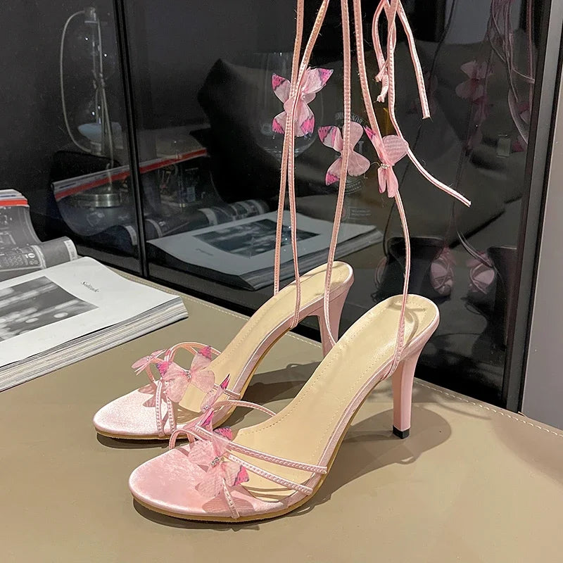 Sandalias Tacón Mujer Rosa - Zapatos Correa Tobillo Mariposa Floral Fiesta
