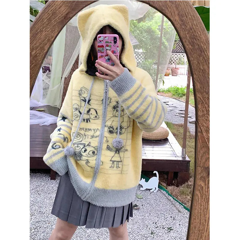 Cárdigan Mujer Vintage Graffiti Capucha - Oversized Invierno Punto Kawaii
