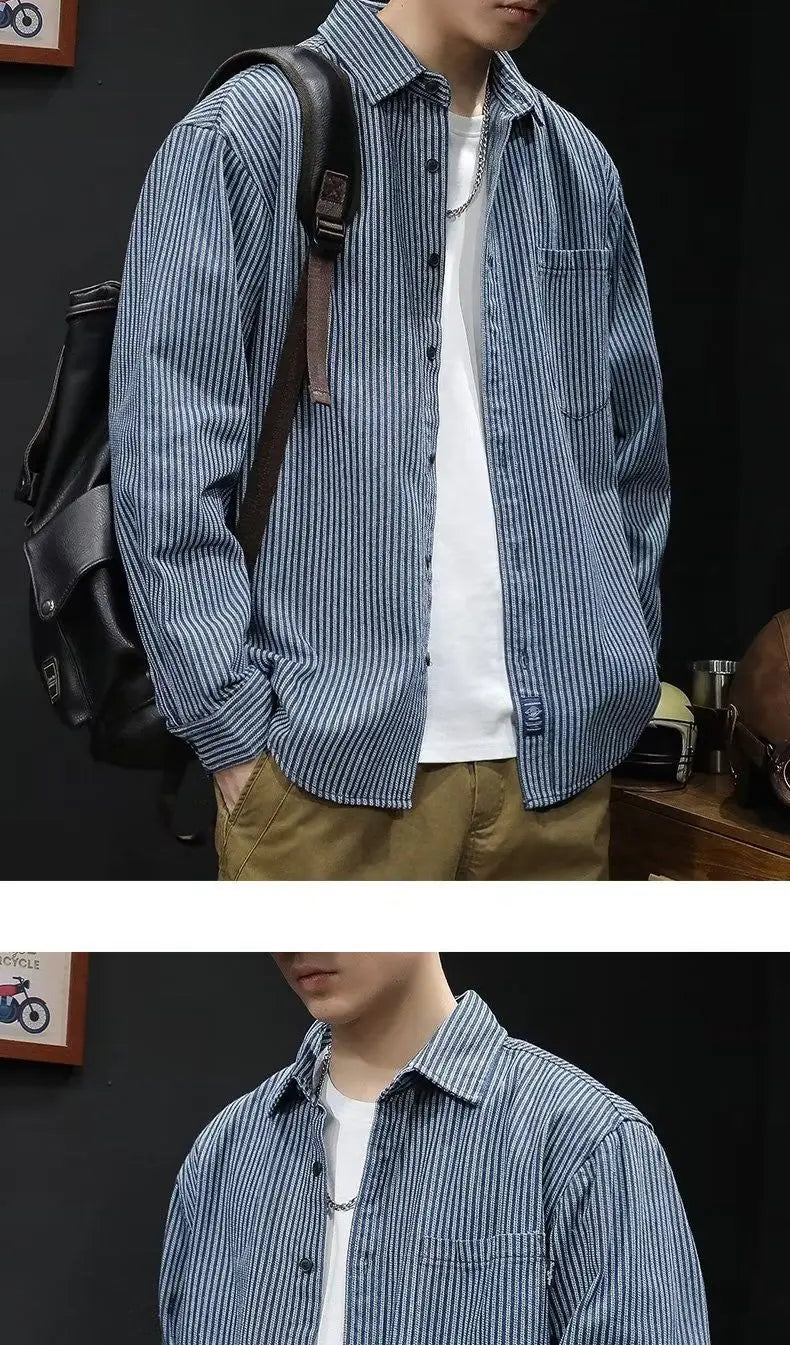 Camisa Denim Hombre Retro Trabajo - Casual Chaqueta Primavera Otoño Azul Manga Larga