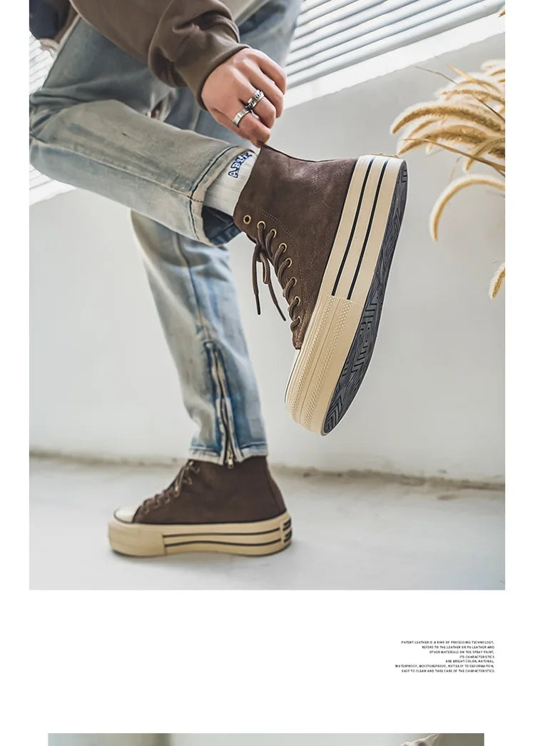 Sneakers Hombre Ante High-Top - Casual Vintage Marrón Botines Tobillo Suela Gruesa Tendencia Cordones