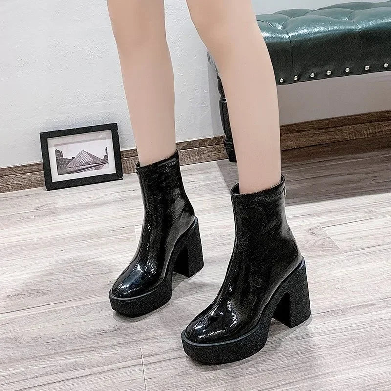 Botas Tobillo Mujer 2025 Plataforma - Cuero Tacón Alto Diseñador Goth