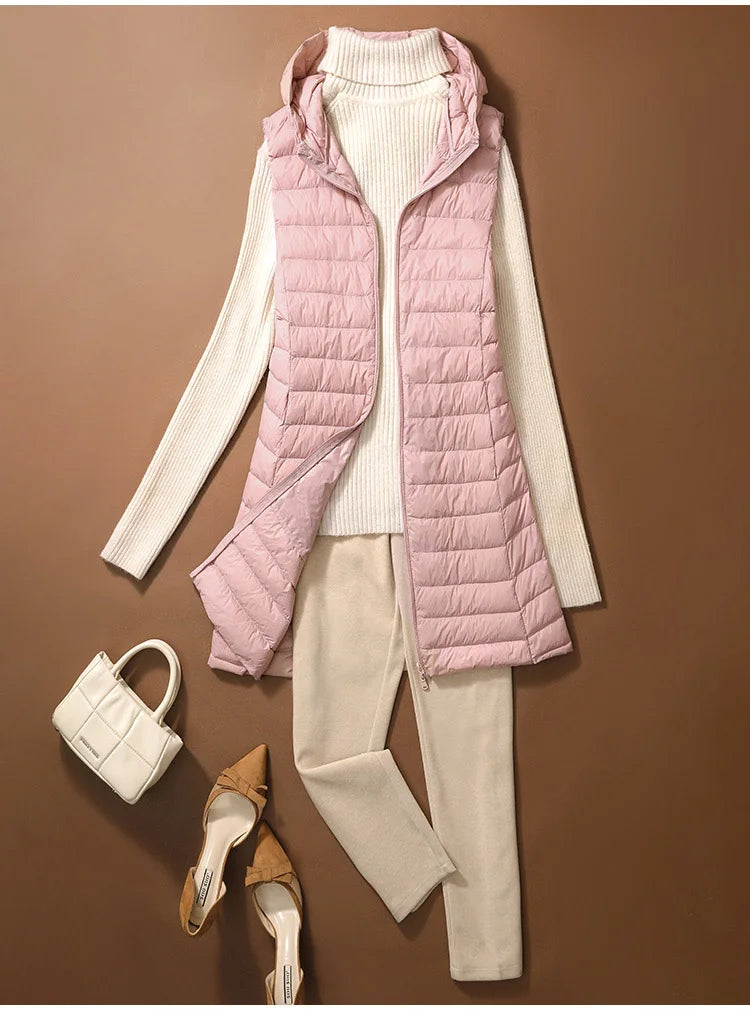 Chaleco Mujer Plumas Pato Ligero - Chaqueta Larga Capucha Slim Otoño