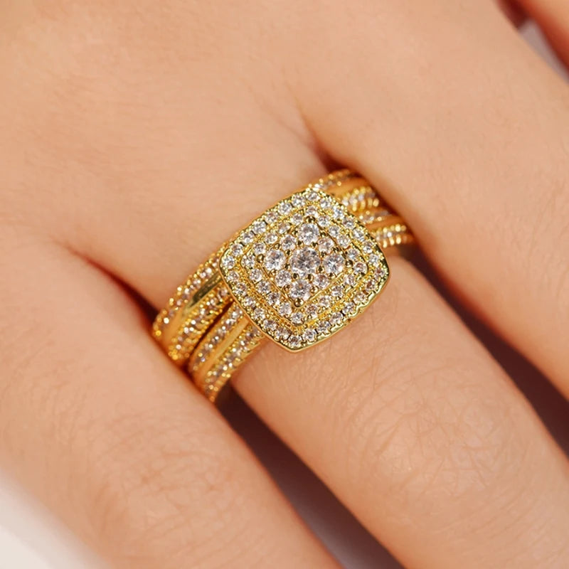 Set 2 Anillos Apilables Doble - Lujo Oro Circonita Compromiso Mujer