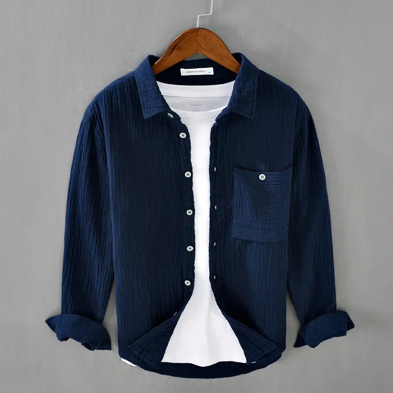 Camisa Hombre Gasa Doble Algodón - Casual Arrugada Manga Larga Suave Transpirable Cuello Cuadrado