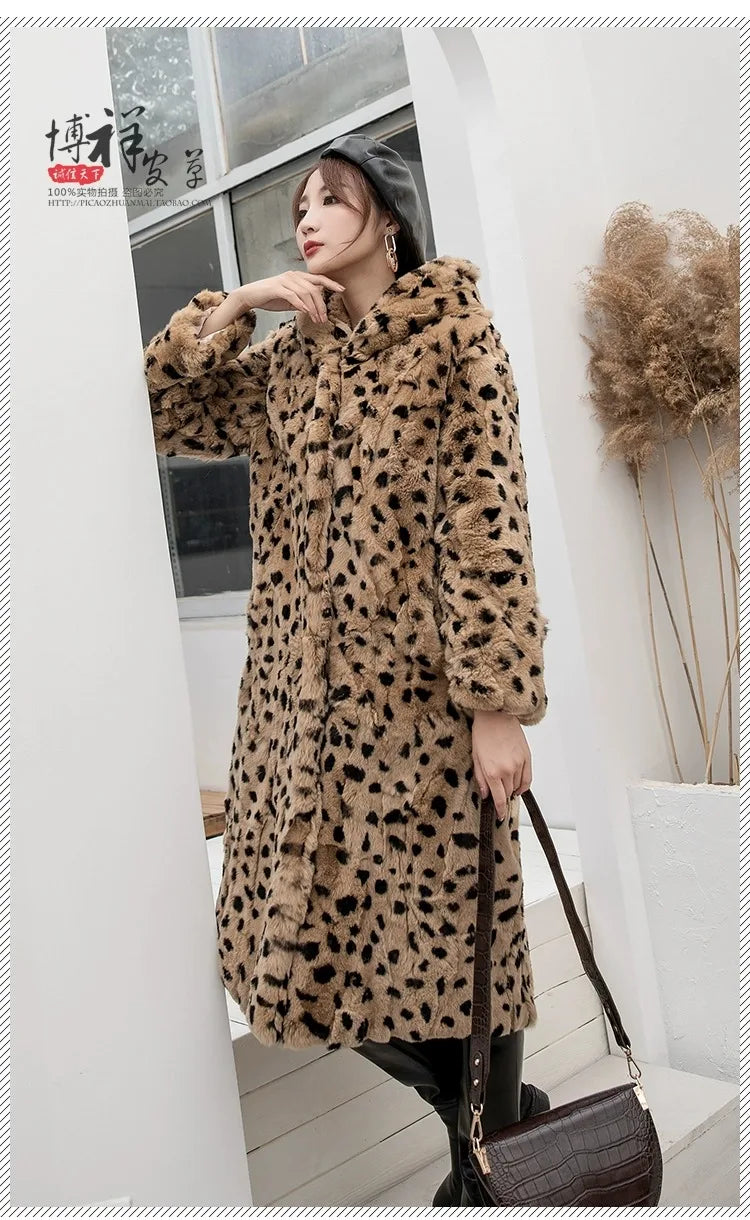 Abrigo Piel Conejo Mujer Capucha - Abrigo Real 110cm Largo Invierno