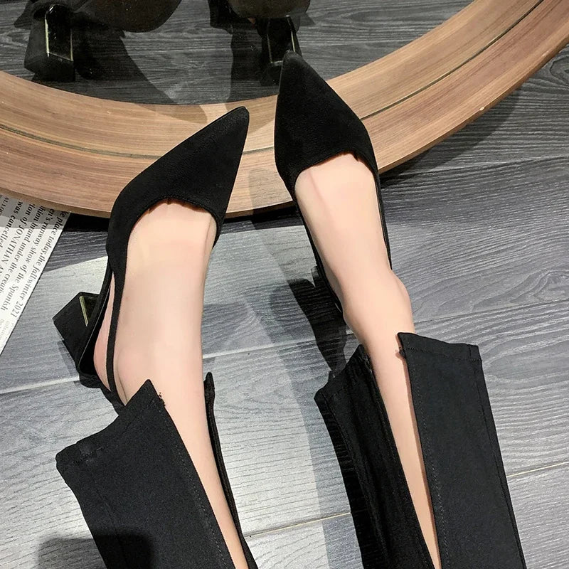 Sandalias Negras Mujer Verano - Zapatos Tacón Cuadrado Punta Pointed Oficina
