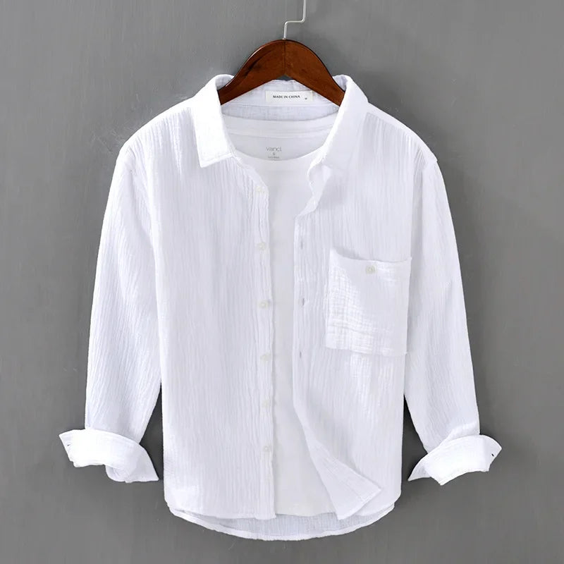 Camisa Hombre Gasa Doble Algodón - Casual Arrugada Manga Larga Suave Transpirable Cuello Cuadrado