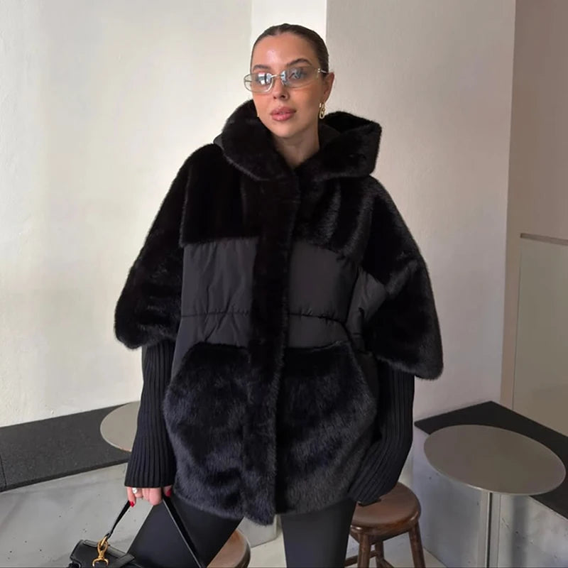 Abrigo Mujer Capucha Patchwork - Abrigo Manga Tejida Oversize 2025