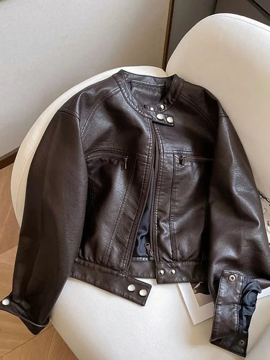 Chaqueta Cuero PU Americana - Chaqueta Locomotora Cuello Alto 2025