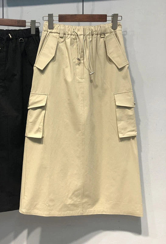 Falda Cargo Mujer Y2K Larga - Falda Bolsillos Cintura Elástica Negra