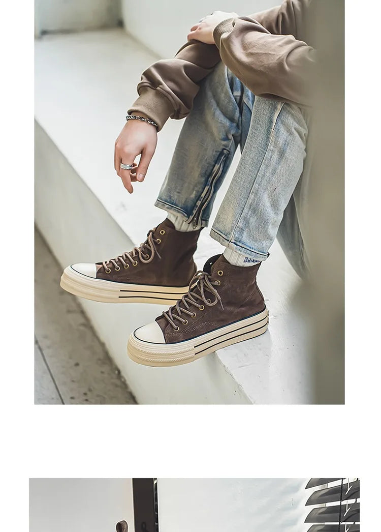 Sneakers Hombre Ante High-Top - Casual Vintage Marrón Botines Tobillo Suela Gruesa Tendencia Cordones