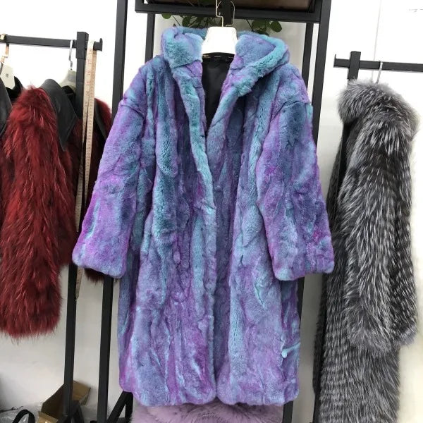 Abrigo Piel Conejo Mujer Capucha - Abrigo Real 110cm Largo Invierno