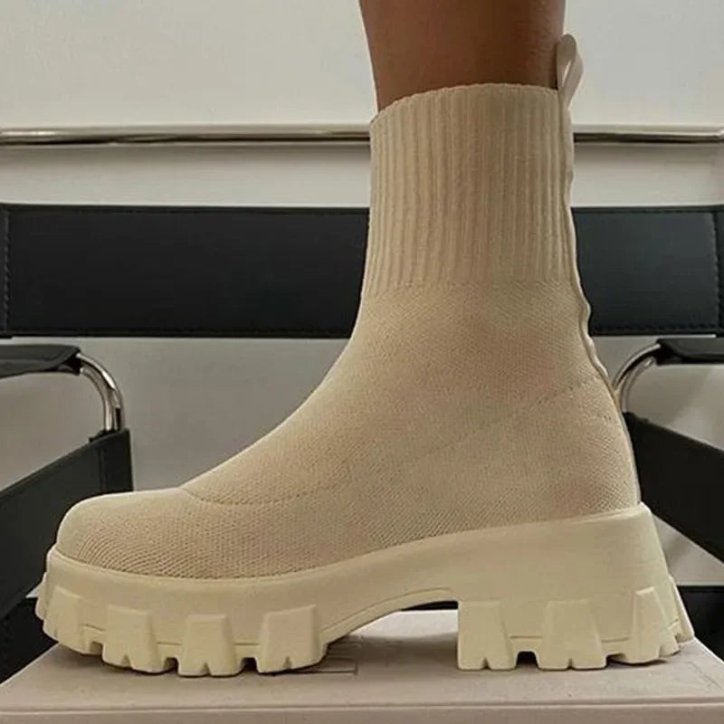 Botas Cortas Mujer Punto Plataforma - Tacón Otoño Invierno Blancas